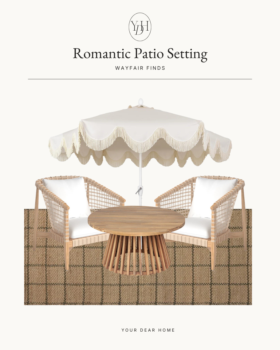 #AD #WayfairPartner #Wayfair @Wayfair 

This might be one of my favorite outdoor setups for spring and summer evenings 🤍 The scalloped fringe umbrella instantly makes the space feel charming and romantic while the woven chairs and warm wood table keep it feeling relaxed and natural. Such a beautiful little coffee or wine corner for hosting.

#LTKSeasonal #LTKHome