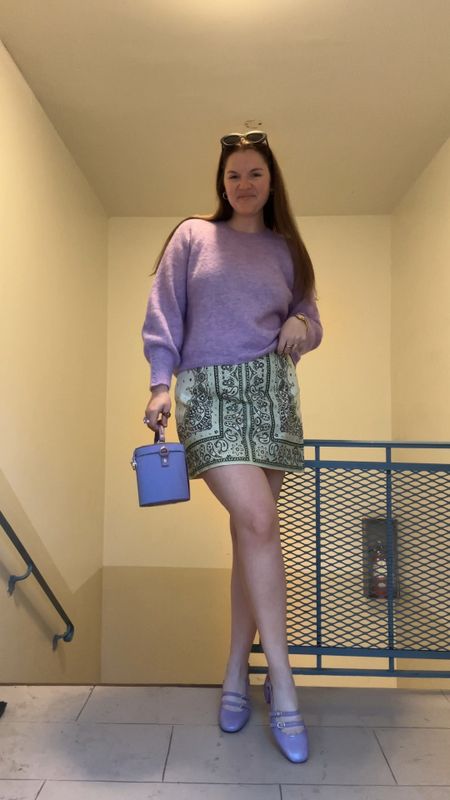 Sezane louise jumper in wisteria, purple sweater, spring / summer, fall / winter, layering, lilac sweater, ZIMMERMANN Matchmaker printed linen mini skirt, pastel colors, easter outfit, mint skirt, paisley print, gold jewelry from Amazon (hoop earrings, rings), Sezane new arrivals, lilac varnish Paula babies, purple, kitten heels, pastels, spring shoes, spring / summer, purple circle bag, purple structured bag

#LTKfindsunder100 #LTKfindsunder50 #LTKstyletip