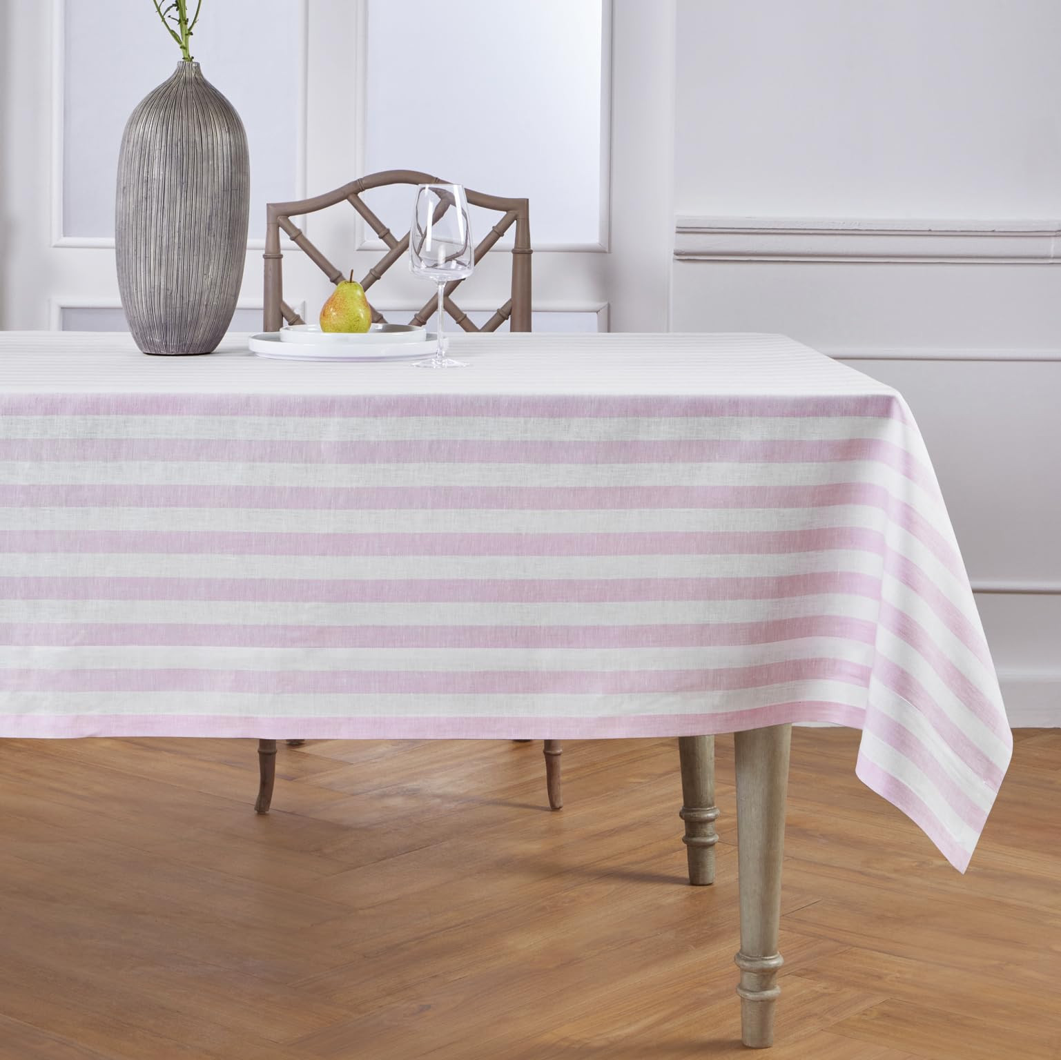 Solino Home Linen Tablecloth 60 x 90 Inch - Sorrento Stripe 100% Pure Linen Pink and White Table ... | Amazon (US)
