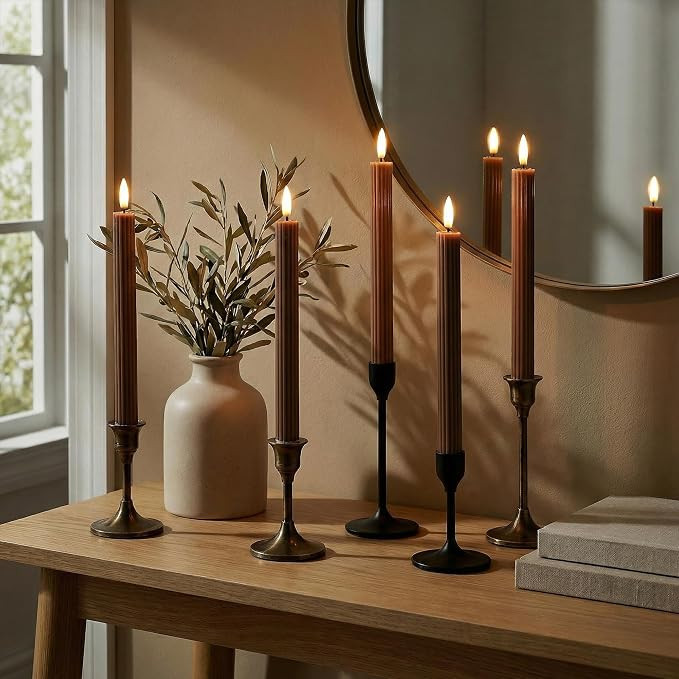 10" Fluted Ribbed LED Brown Tan Grooved Real Wax Taper Candles, Remote & 24h Timer Memory, On/Off... | Amazon (US)