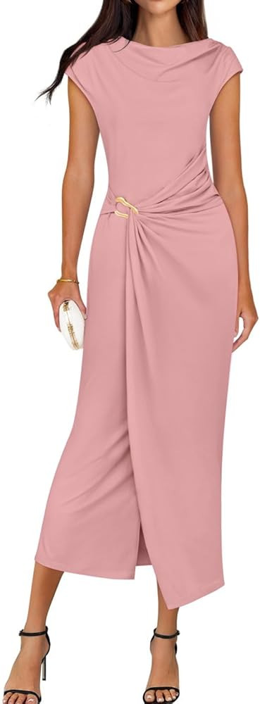 ZESICA Women's 2025 Summer Mock Neck Casual Bodycon Dress Cap Sleeve Elegant Cocktail Party Long ... | Amazon (US)