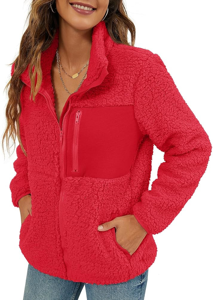 VVK Women's Fashion Faux Shearling Shaggy Full Zip Coats Warm Winter Patchwork Jackets with Pocke... | Amazon (US)