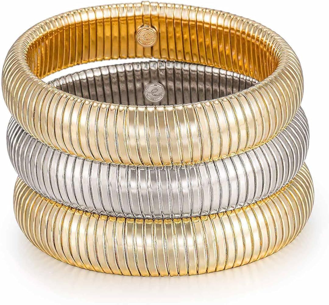 Amazon.com: Ettika Silver Bangles For Women. Chunky Bracelets, Set of Bracelets. 3 Flex Snake Cha... | Amazon (US)