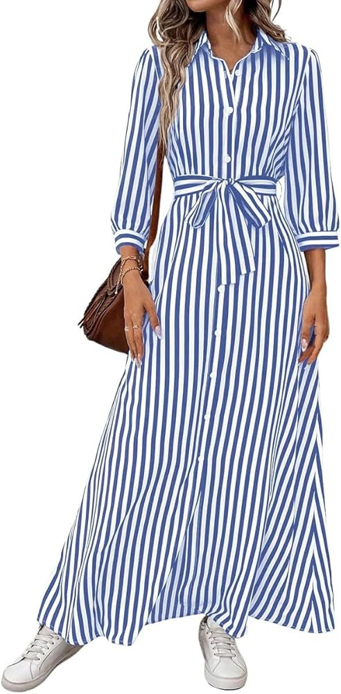 chouyatou Women's Casual 3/4 Sleeve Striped Shirt Dress Button Down Swing Flowy Maxi Beach Dress ... | Amazon (US)