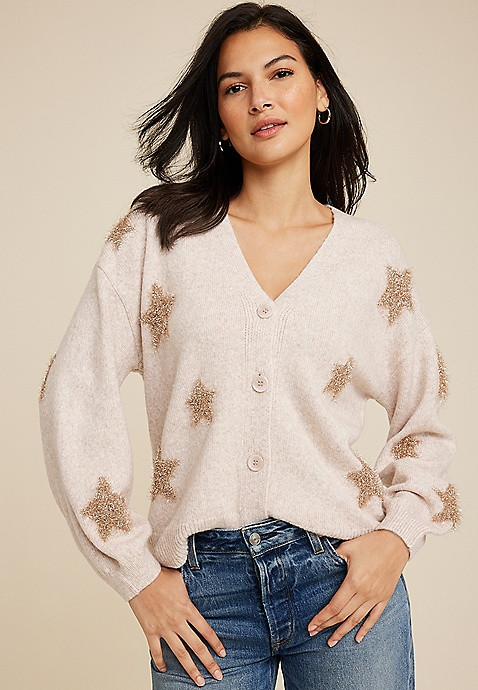 Tinsel Star Button Down Cardigan | Maurices