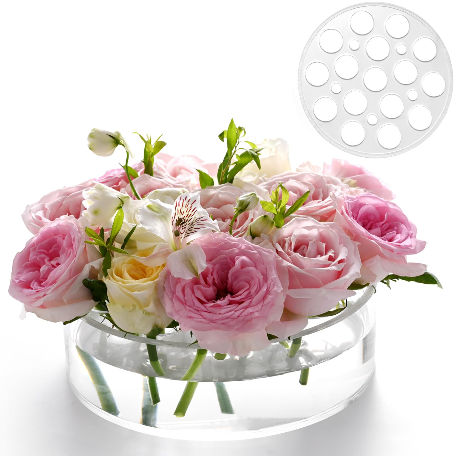 Acrylic Flower Vase 8 in Dia. Circular Leak-Proof Clear Acrylic Low Vase with 16+5 Holes - Low-Pr... | Amazon (US)