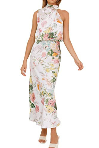 PRETTYGARDEN Women's 2025 Summer Satin Dress Elegant Sleeveless Mock Neck Cocktail Party Maxi Dresses (Print White,Medium) | Amazon (US)