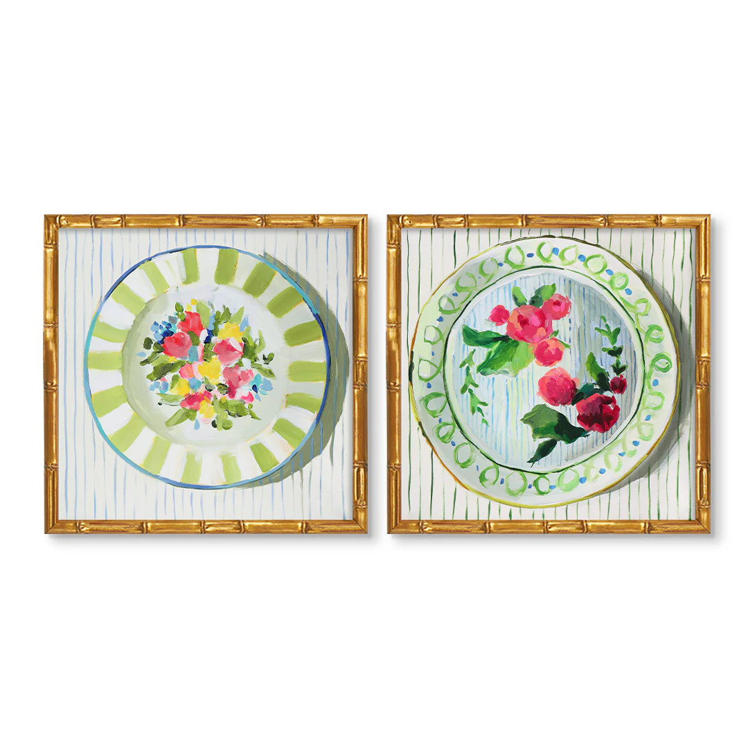 Decorative Floral Plate Art Print Pair | Jenny Westenhofer Vintage Plate Wall Art | Urban Garden Prints
