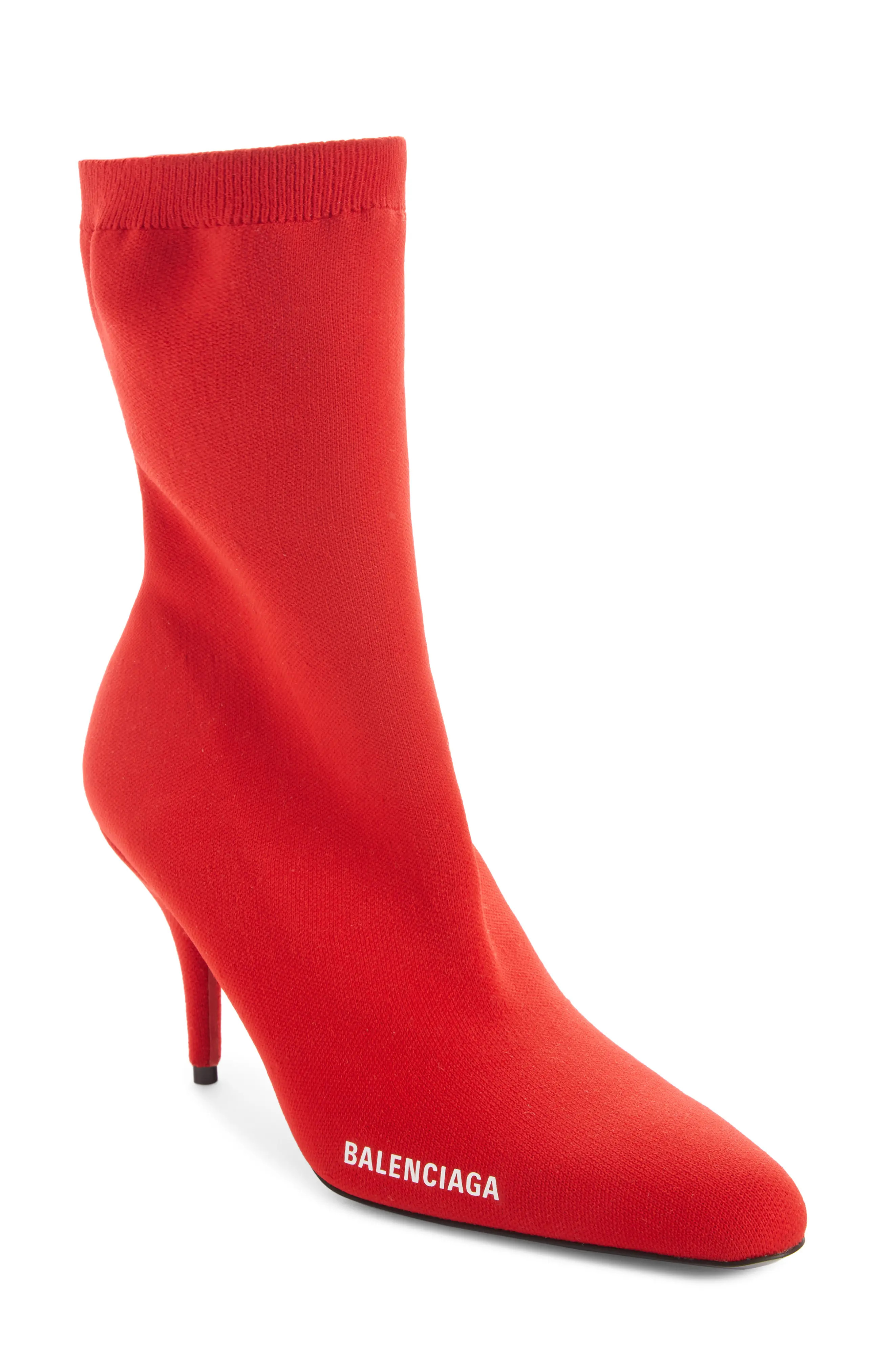 Balenciaga Knife Knit Pointed Toe Bootie, Size 7Us in Red Currant/White at Nordstrom | Nordstrom