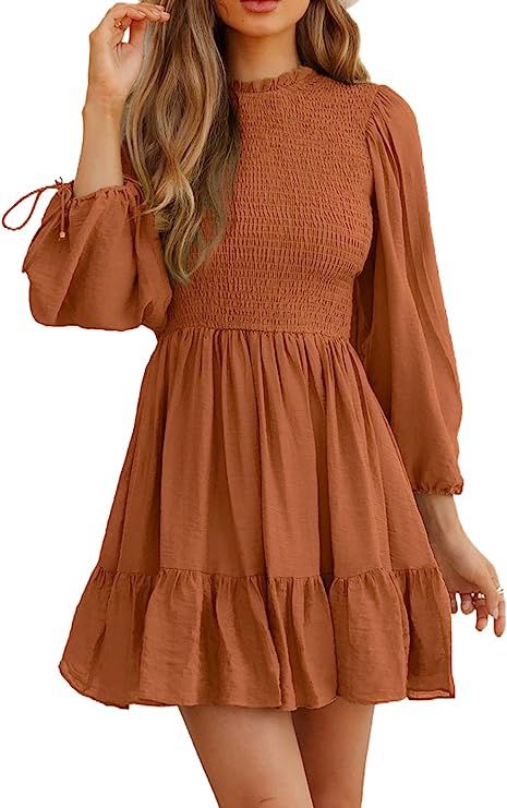 Itsmode Womens Smocked Dress Casual Drawstring Long Sleeve Ruffle Trim Neck A Line Mini Dresses f... | Amazon (US)