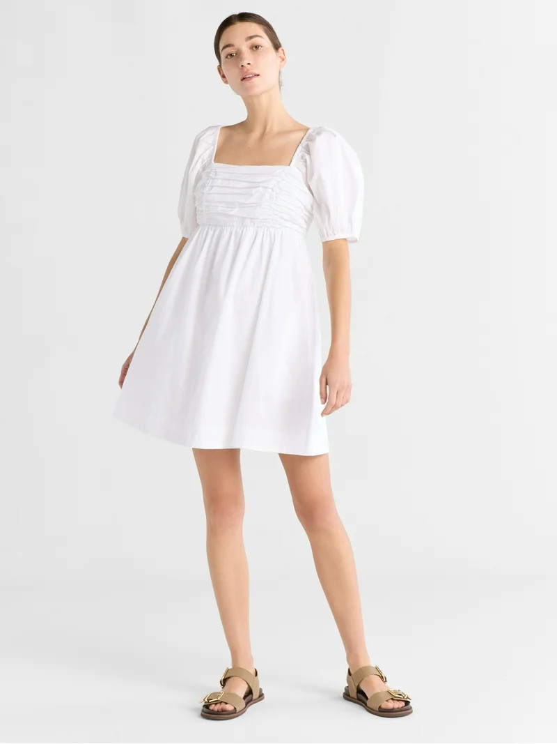 Free Assembly Women's Shirred Cotton Mini Dress with Puff Sleeves, Sizes XS-XXXL | Walmart (US)