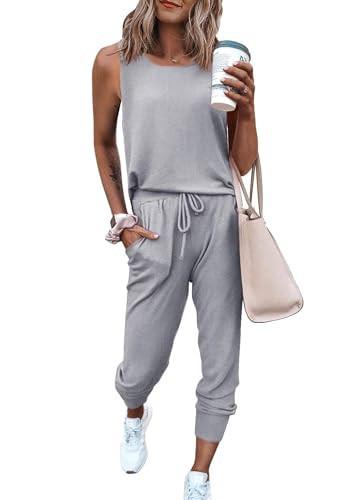 PRETTYGARDEN Women's Two Piece Outfit Sets Casual Summer Sleeveless Crewneck Tops and Sweatpants Active Tracksuit Lounge Wear (Light Grey,XX-Large) | Amazon (US)