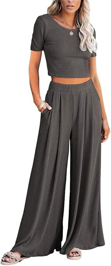 Lveberw Lounge Set Womens, Outfits Sets, Ribbed Crop Top Long Sleeve, Palazzo Pants - Loose Sweat... | Amazon (US)