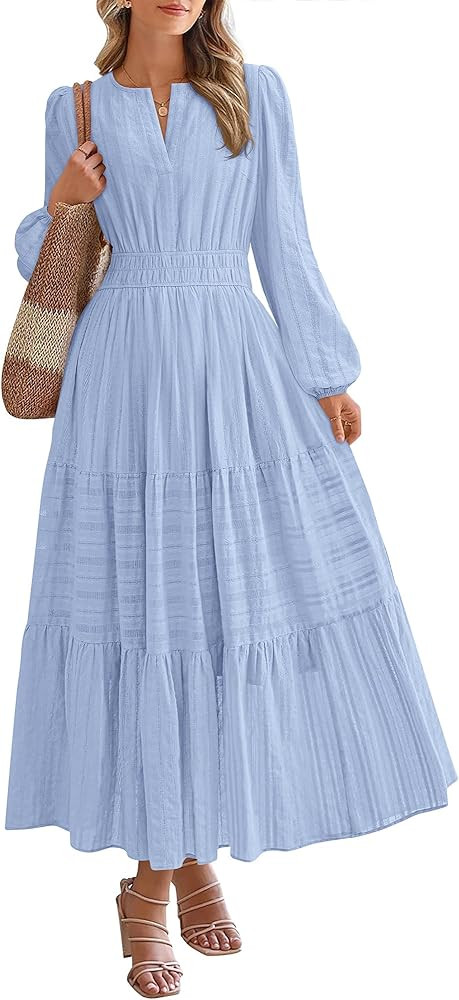 BTFBM Fall Dresses for Women 2025 Casual Long Sleeve V Neck Elastic Waist Lightweight Maxi Weddin... | Amazon (US)