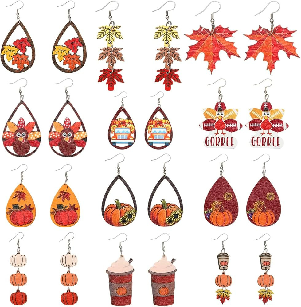 24PCS Thanksgiving Earrings Set Autumn Fall Earrings for Women, Wooden Maple Leaf Sunflower, Turk... | Amazon (US)