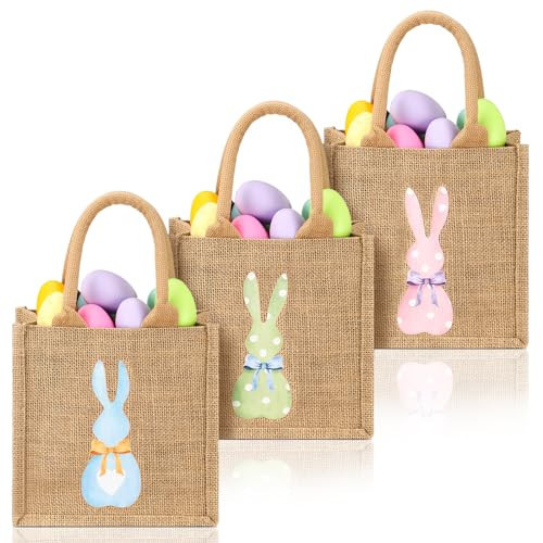 SilTriangle 3 Pcs Easter Burlap Bags Bunny Easter Basket Essentials Spring Egg Hunts Candy Gift Tote Bag for Kids Boys Girls Eggs Candy Hunting Carrying Daily Use, Bright Colors | Amazon (US)