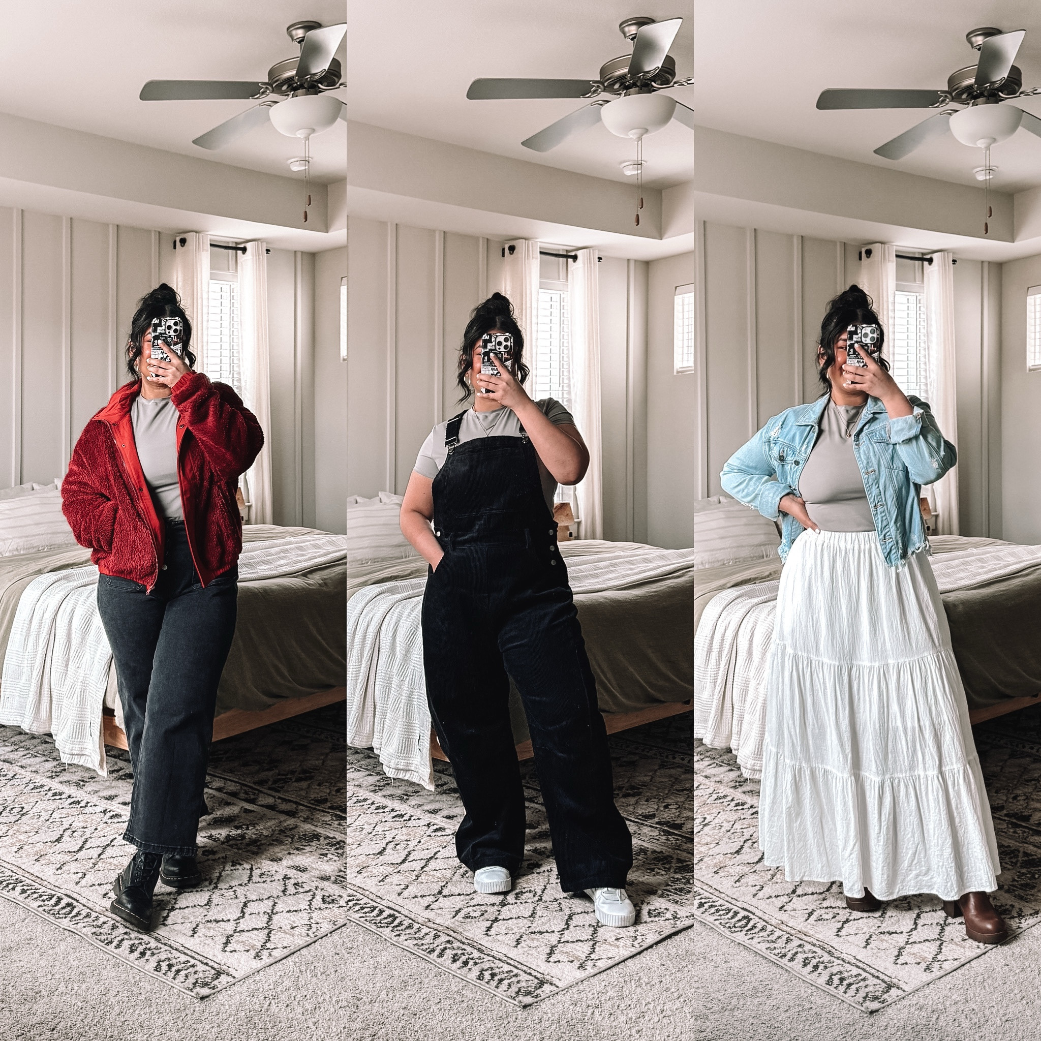 I’m 5’1”, size 12 // OUTFIT 1: large in top and jacket, size 12 in the jeans // OUTFIT 2: large in all, overalls are corduroy // OUTFIT 3: large in top and jacket, sized up to an XL in the skirt (runs a little small in the waist) // shoes are true to size 

#LTKMidsize #LTKPetite #LTKFindsUnder50