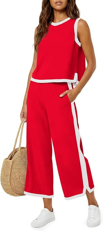 Fisoew Womens 2 Piece Outfits Summer Sleeveless Wide Leg Capris Tracksuits Casual Cotrast Colors ... | Amazon (US)