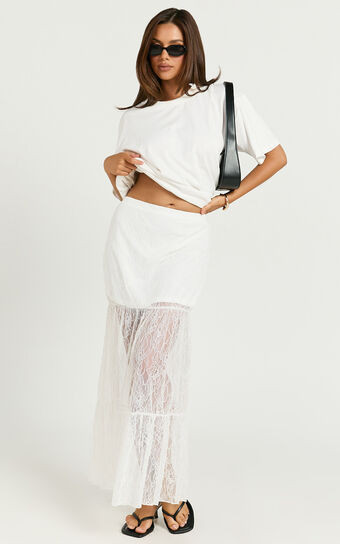 Emilia Maxi Skirt - Lace Gathered Panel Maxi Skirt in White | Showpo (ANZ)