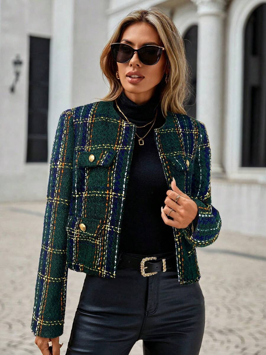 SHEIN Clasi Women's Autumn/Winter Plaid Long Sleeve Button Design Elegant Short Overcoat | SHEIN