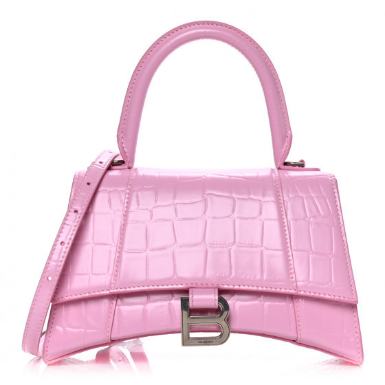 BALENCIAGA Calfskin Crocodile Embossed Small Hourglass Top Handle Bag Rose Berlingot | Fashionphile