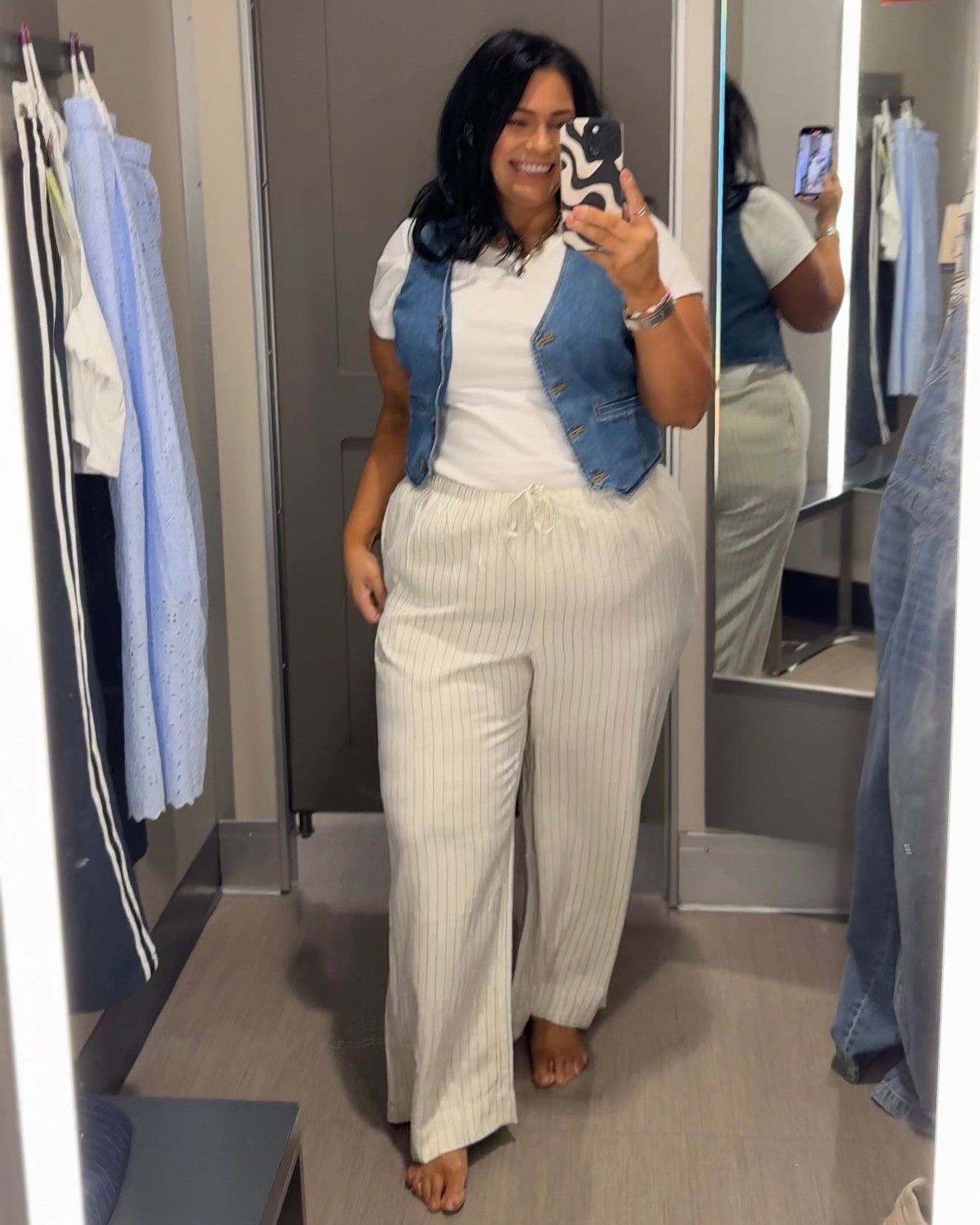 I bought a similar pair of pants from American Eagle and I’ve worn them so often I had to grab these for half the price! Light weight but not see thru. Wearing a size XXL. Denim
vest is XL /16 and runs a little small. It didn’t button up. Baby T is XL and one of my favorite basics!

#LTKPlusSize #LTKMidsize #LTKOver40