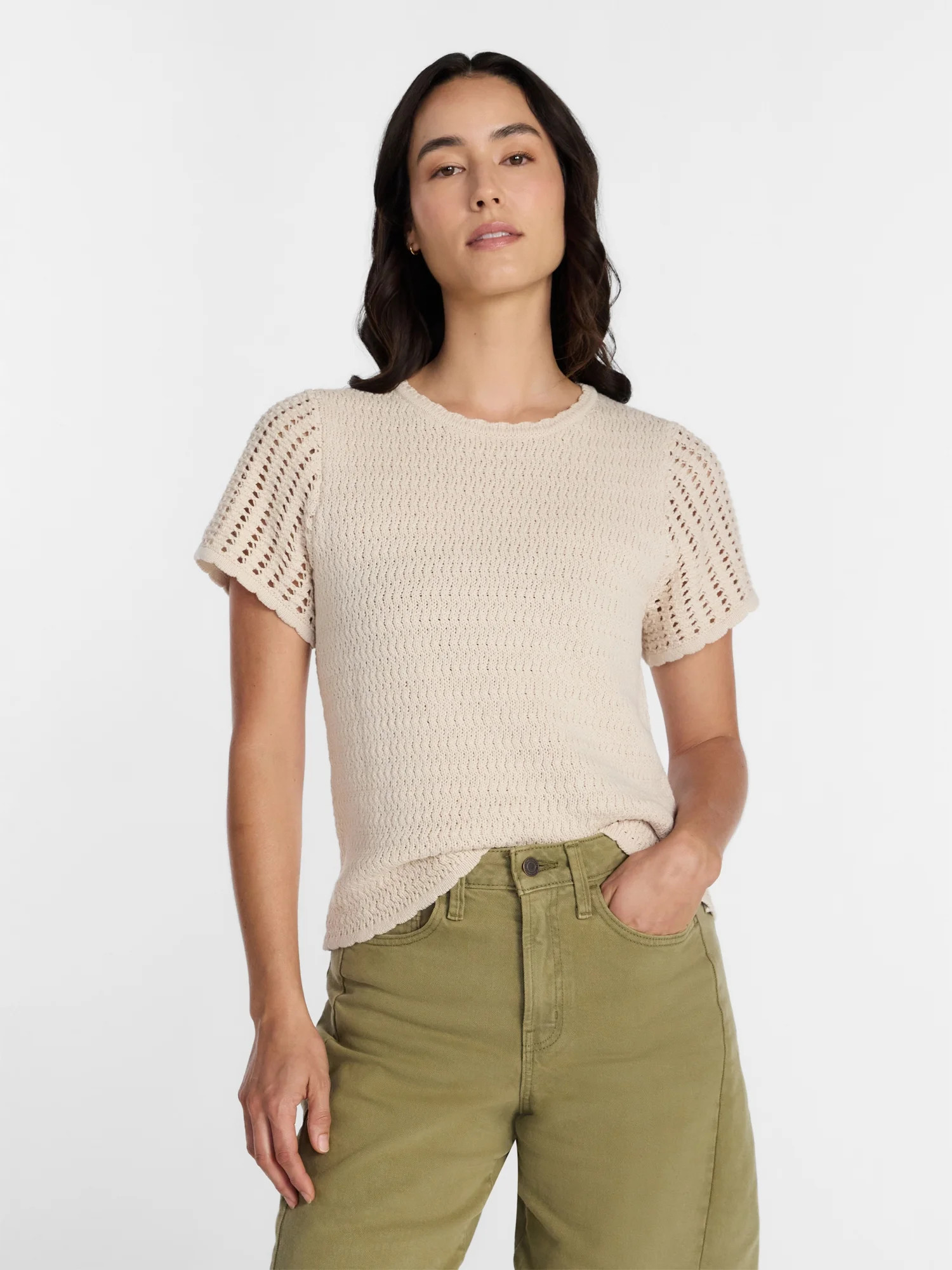 Time and Tru Women's Textured Crewneck Sweater with Short Sleeves, Lightweight, Sizes XS-XXXL - W... | Walmart (US)