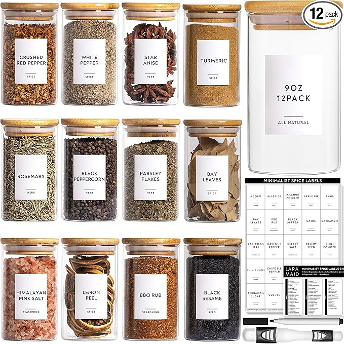 Laramaid 9oz 12Pack Spice Jars with Minimalist Spice Labels, Round Jars with Bamboo Lids, Premium... | Amazon (US)