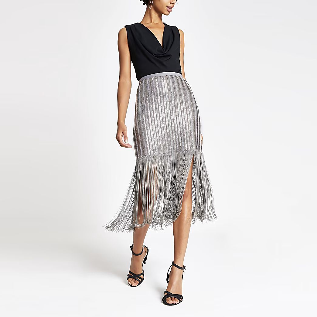 River Island Womens Silver sequin embellished tassel pencil skirt | River Island (US)