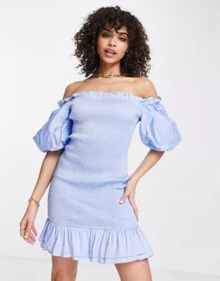 Missguided shirred puff sleeve frill hem mini dress in blue | ASOS (Global)