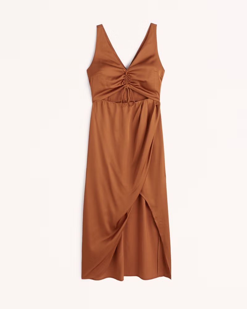 Women's Cinch-Front Satin Midi Dress | Women's Dresses & Jumpsuits | Abercrombie.com | Abercrombie & Fitch (US)