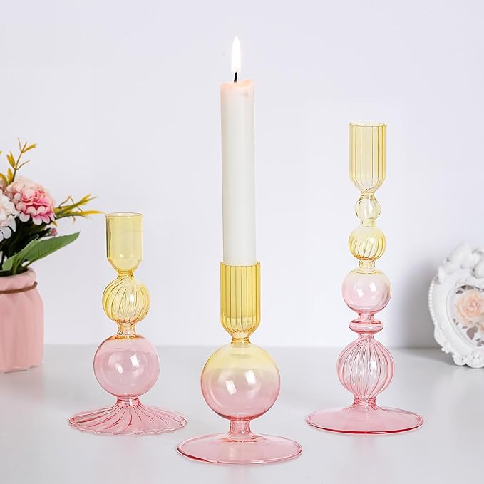Hewory Candle Sticks Holder Decor: 3 PCS Ribbed Candlestick Holders Pink-yellow Gradient Glass Ca... | Amazon (US)