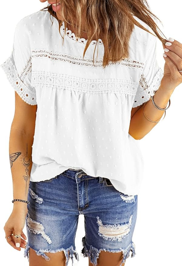 Dokotoo Womens Summer Tops Crewneck Lace Crochet Short Sleeve Shirts Casual Chiffon Blouses | Amazon (US)