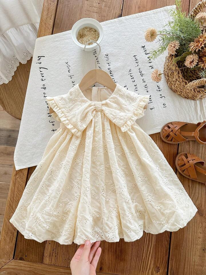 SHEIN Babygirl Cute Apricot Floral Embroidery Holiday Peter Pan Collar Dress For Summer | SHEIN