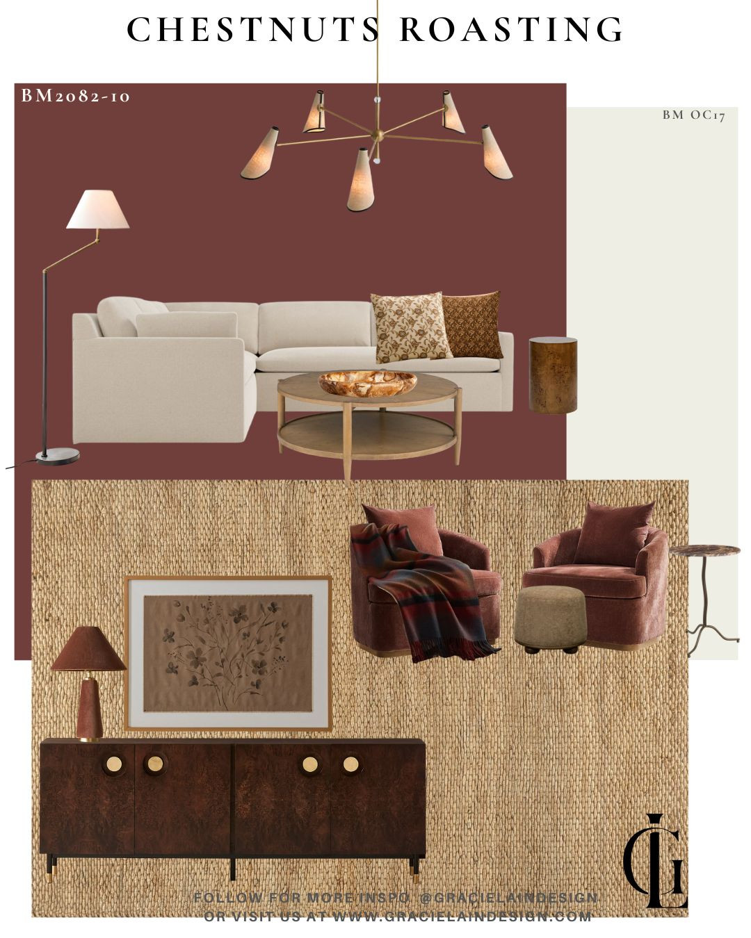 Cozy, but make it elevated 🤎
This lounge space was designed to feel like an instant exhale. A warm chestnut brown backdrop grounds the space, layered with a textured jute rug, patterned pillows, and soft throws that invite you to settle in. Burlwood accent pieces add an organic edge, while a modern chandelier and velvet lamp keep the look unexpected and refined.

Whether you’re curled up by the fire on the deep sectional or lounging in one of the comfy chairs, this space is all about comfort without sacrificing style. Neutral tones, beautiful art, and thoughtful layers come together to create a room that feels warm, inviting, and effortlessly stylish.

Shop the look and see more of this elevated cozy style at gracielaindesign.com ✨

#LTKhome #LTKinteriors #CozyLiving #NeutralHome #ElevatedInteriors #WarmNeutrals #ModernClassic #LayeredLiving #HomeInspo #InteriorStyling #GracielaInDesign 

 #LTKSeasonal #LTKHome #LTKSaleAlert