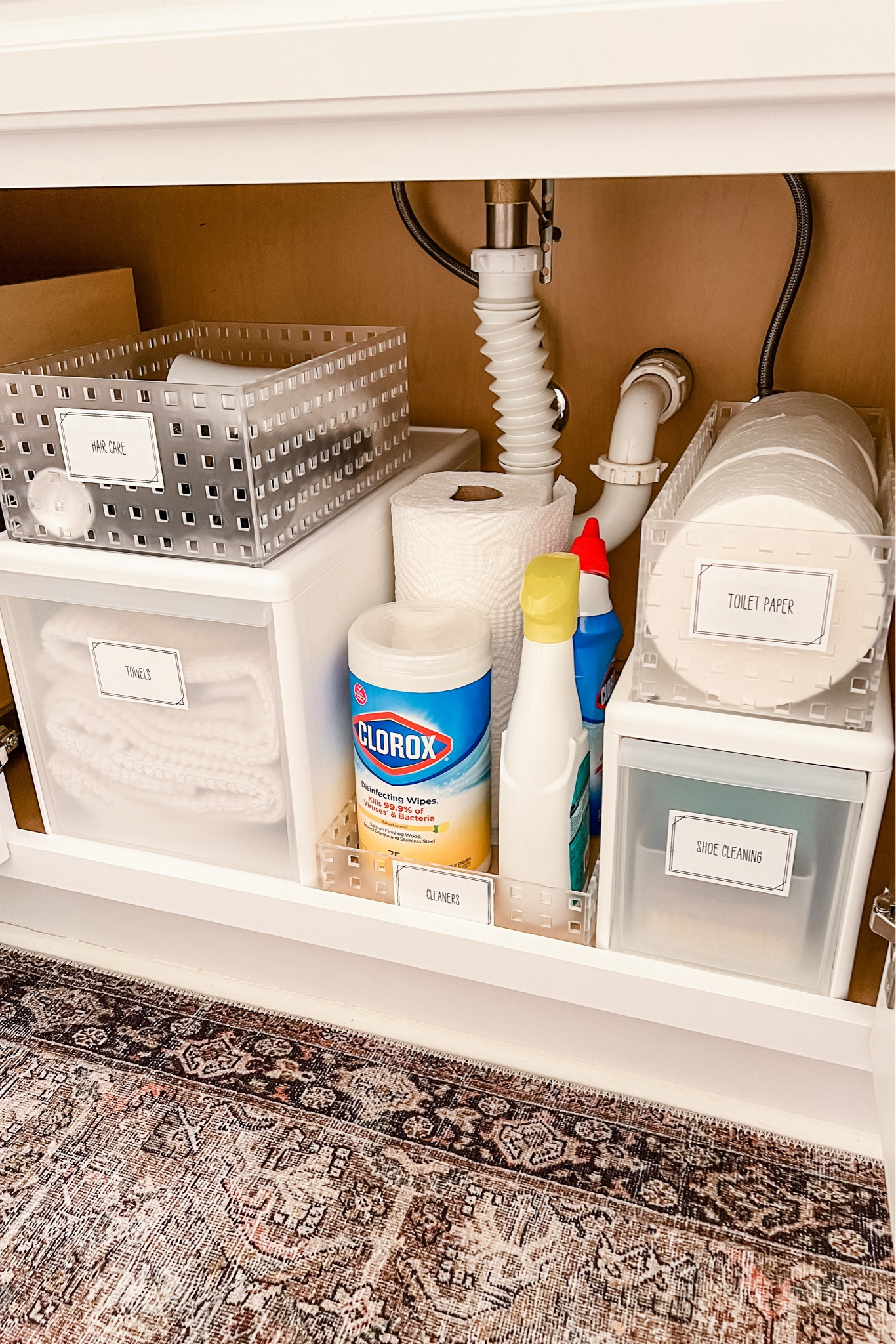 These pull out drawers are the only ones I have found that are deep enough for a bathroom cabinet but tall enough to slide over the cabinet front lip. I’ve had them for over two years and they’re still in perfect condition. Definitely recommend for organizing your bathroom!

Measure your cabinet and order the pieces you need to fit, or get the starter set and add on as needed.

#LTKHome