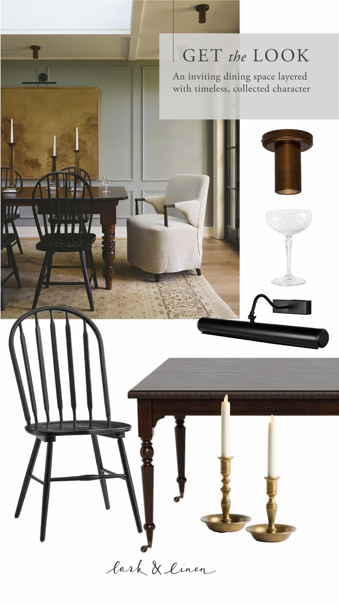 A curated collection of Windsor dining chairs, turned leg wood tables, modern armchairs, picture lights, ceiling lighting, brass candlesticks, and timeless dining room details inspired by this layered transitional space.

#LTKHome