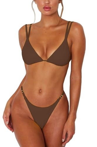 ForBeautyShe Women Sexy Thong Bikini Set Cheeky Two Piece Swimsuits Solid Color Bathing Plus Size Swimwear Brown XL | Amazon (US)