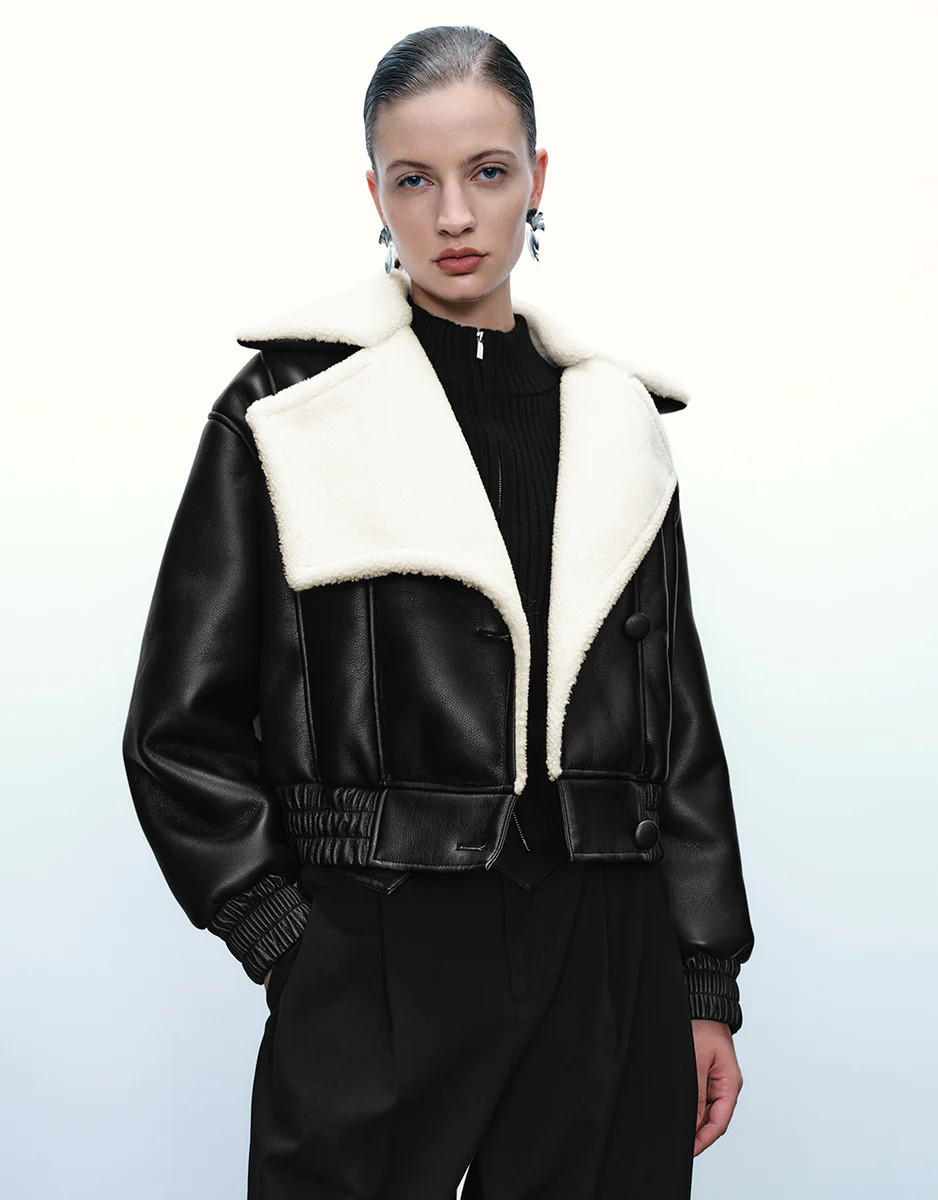 V-Neck Vegan Leather Jacket | Urban Revivo