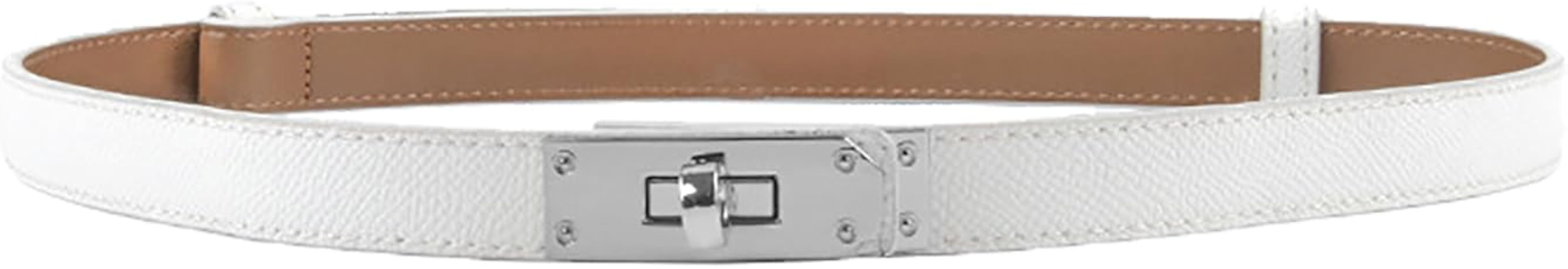 Women's Skinny Leather Belt with Adjustable Silver Turn-Lock Buckle - Ideal for Dresses, Jeans, a... | Amazon (US)