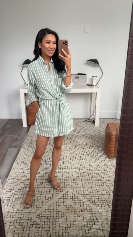 Green and white striped linen-blend romper that is perfect for spring! I am wearing size XXS and it fits TTS! I love that it has pockets, button closure, collared neck and a tie waist. On sale for the Abercrombie x LTK Spring Sale for 20% off! Just copy the promo code 

#LTKSpringSale #LTKstyletip #LTKsalealert