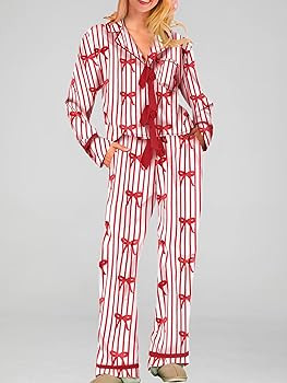 Christmas Pajamas for Women Bow Tie Long Sleeve Shirt Pants Satin Silk Xmas Graphic 2 Piece Pjs S... | Amazon (US)