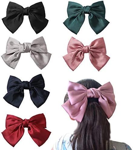 Big Hair Bow Clips Satin Silk Thick Hair Barrettes French Style Hair Accessories 6PCS for Girls Wome | Amazon (US)