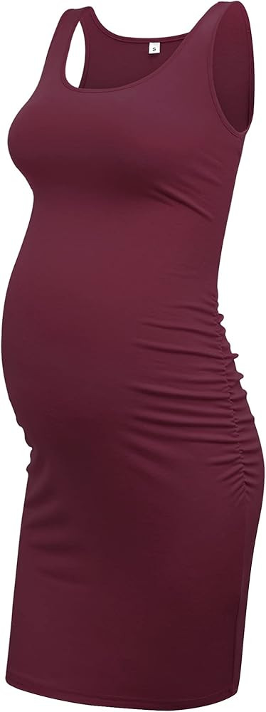 GLAMIX Maternity Tank Dress Casual Bodycon Fitted Dress Sleeveless Side Ruched Dress for Pregnant Wo | Amazon (US)
