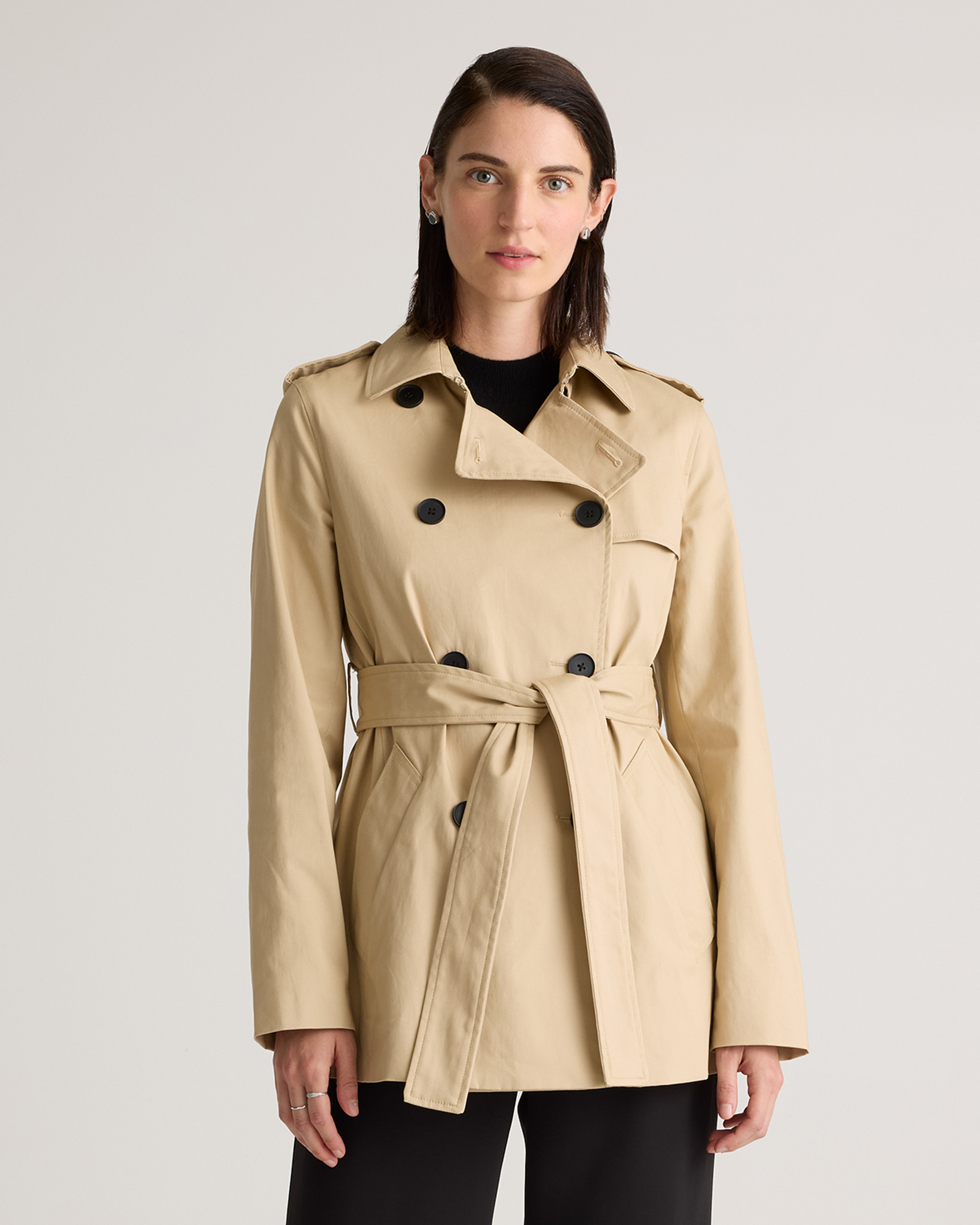 Quince | Women's Comfort Stretch Short Trench Coat in Light Khaki, Size XS, Organic Cotton | Quince