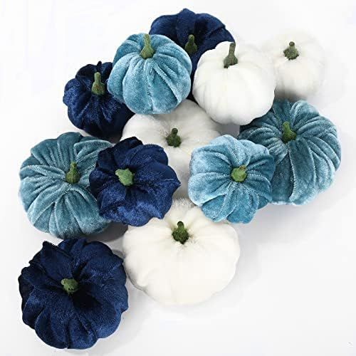 AnyDesign 12Pcs Velvet Pumpkin Assorted Fall Halloween Artificial Pumpkins 2 Sizes Blue White Fak... | Amazon (US)