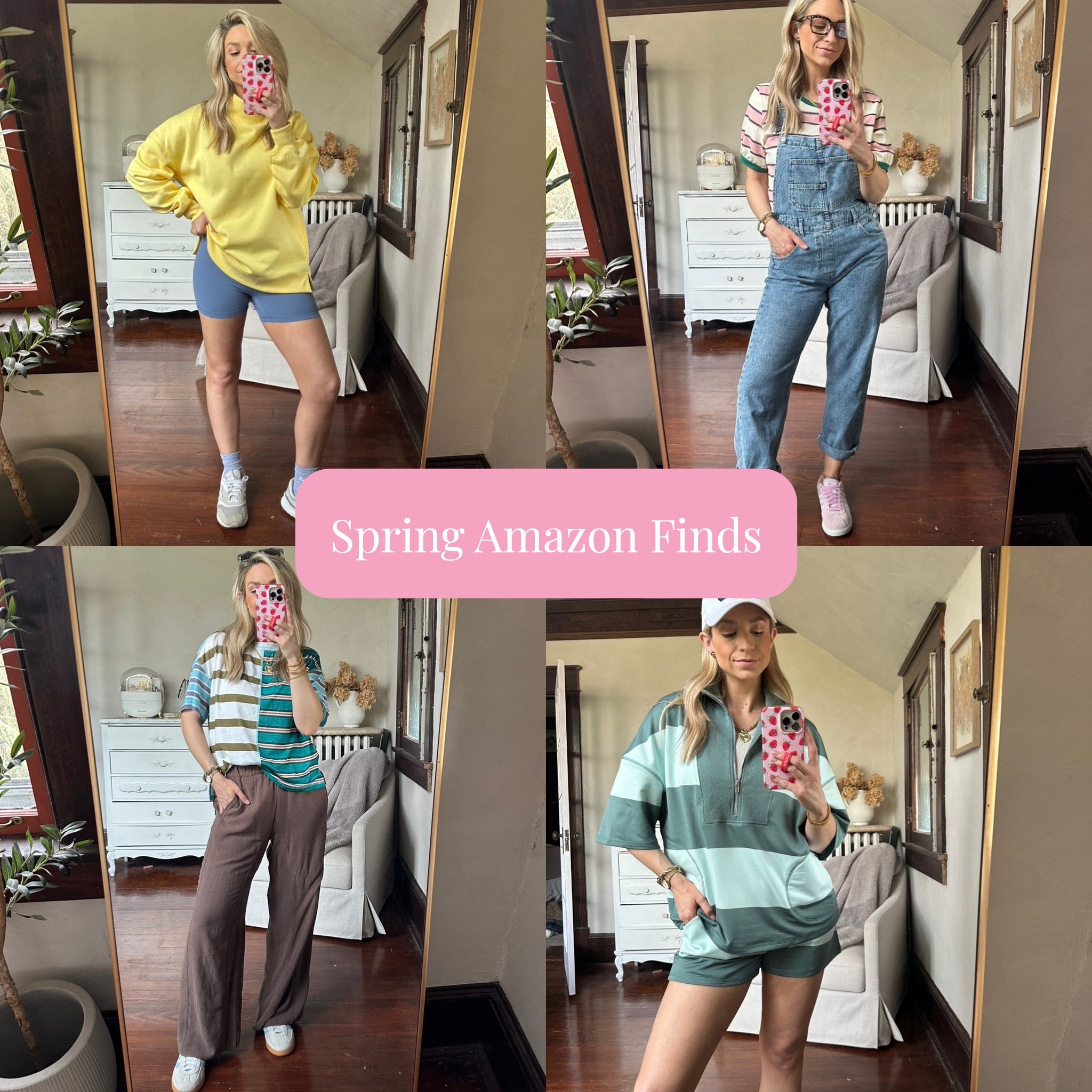 Spring finds from amazon
Wearing a medium in everything! I need a small in the green striped set, though. It runs VERY oversized 

Amazon fashion finds 
Striped tee
Summer set