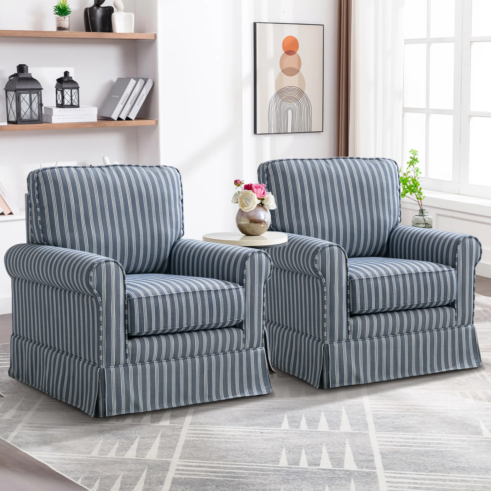 Eilzabeth 33.1" W Modern Soft Wide Upholstered Striped Swivel Arm Accent Chair (Set of 2) | Wayfair North America