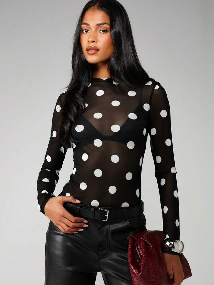 MISSGUIDED Polka Dot Mesh Long Sleeve Top With Mock Neck And Sheer Overlay For Fall Winter | SHEIN