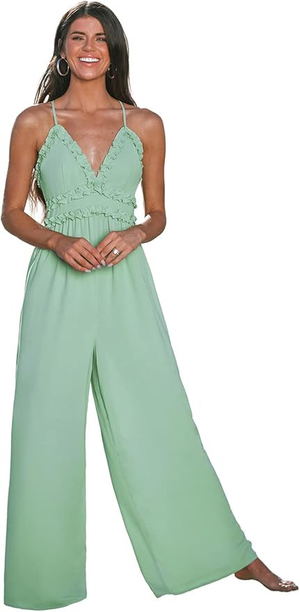 CUPSHE X Madison Women's Sleeveless V Neck Ruffled Cami Romper Cross Back High Waist Loose Long M... | Amazon (US)